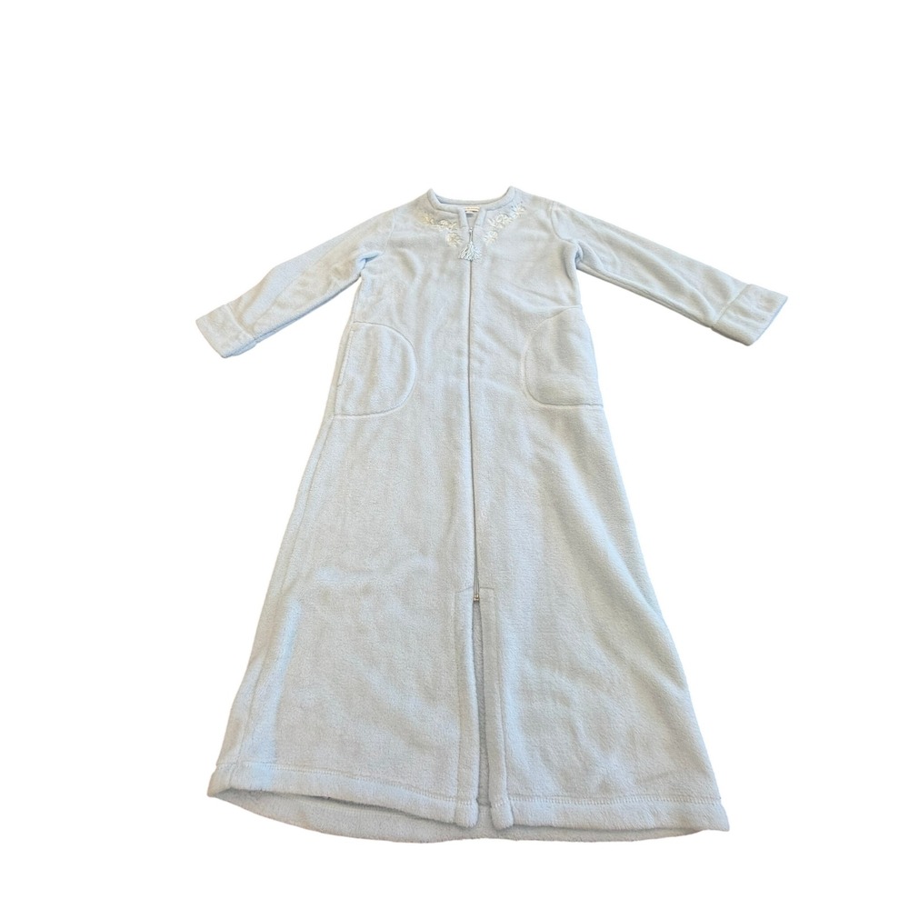 Miss Elaine Womens Light Blue Fleece Full Zip Floral Embroidered Robe Size S
